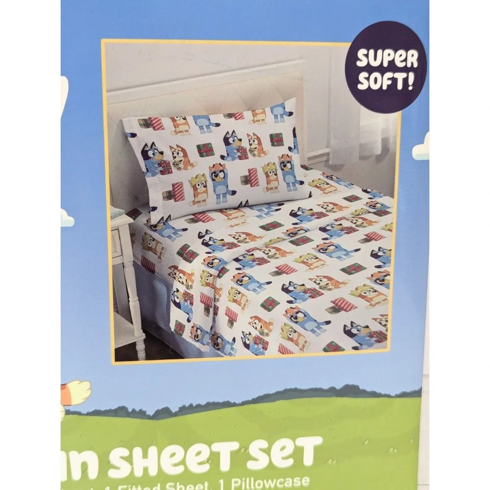 BLUEY BINGO Holiday Gift Print Twin Bed Sheet Set: Flat, Fitted, Pillow Case NEW